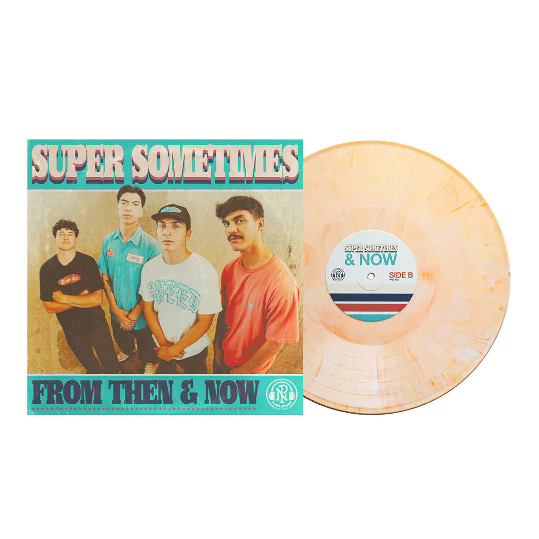 The Dreamcicle Vinyl LP by Super Sometimes features a marbled peach record beside its cover, which shows four young men on a turquoise background. Both the band name "Super Sometimes" and album title "From Then & Now" appear in bold text.