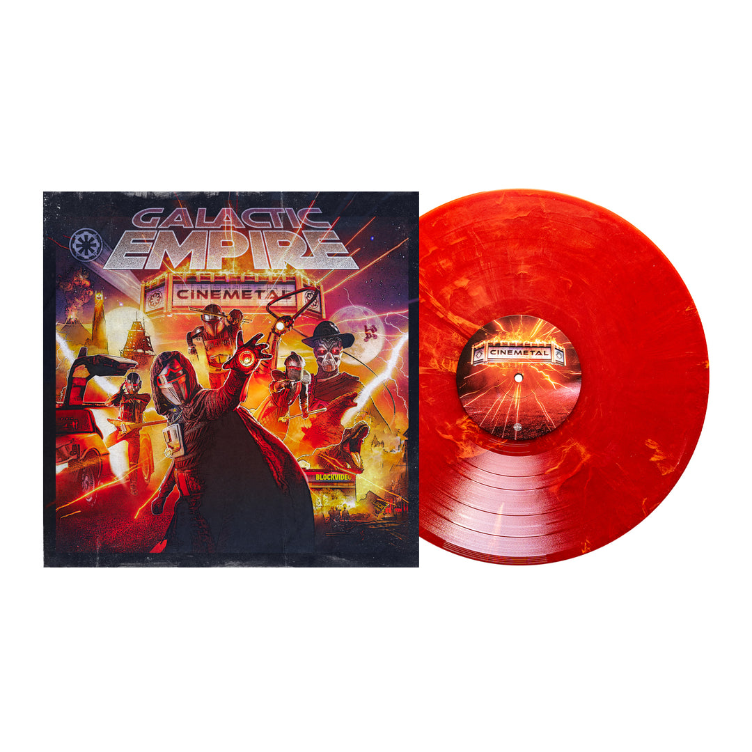 A limited edition red Cinemetal Eruption Marble Vinyl by Galactic Empire sits beside its sci-fi album cover with armored figures, spaceships, and the bold title—an eye-catching movie soundtrack collectors will love.