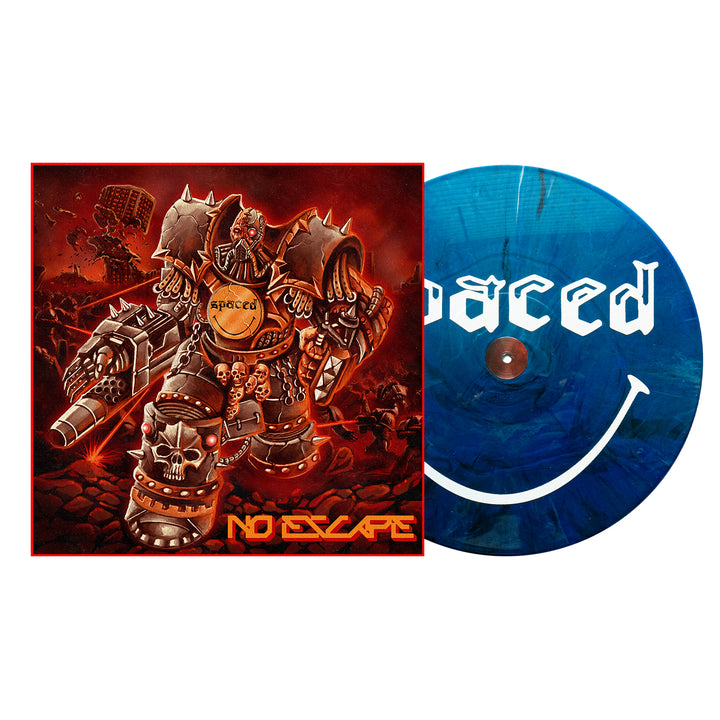 Album cover for Spaced’s "No Escape" shows a robotic, armored figure in a fiery, post-apocalyptic scene. Royal Blue Silver Black Marble LP and No Escape vinyl presale are featured with a smiley blue record on the right. Brand: Spaced.