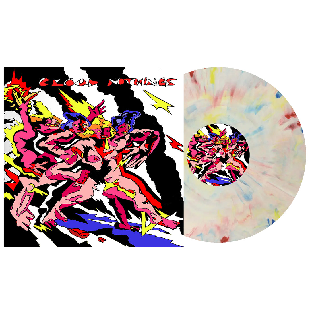 Cloud Nothings album cover art for What Kind Of Hell Did You Survive featuring stylized, colorful figures on a black and white jagged background, next to a matching vinyl record with a multicolored marble finish.