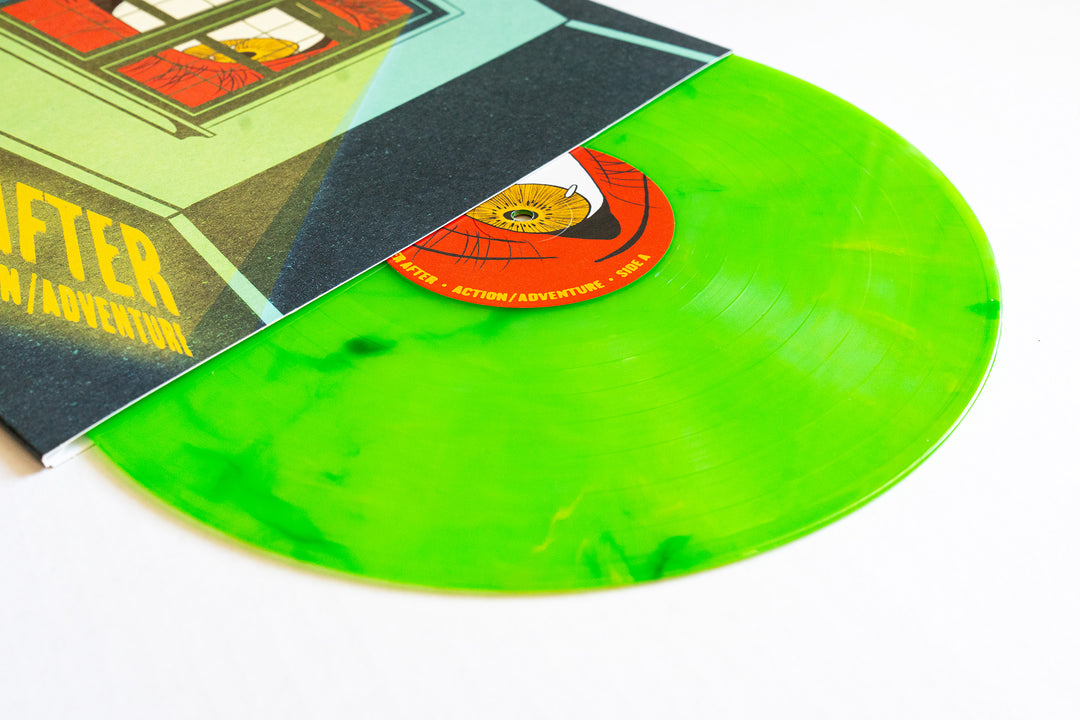 A vibrant, translucent Sundrop Marble Vinyl record from Action/Adventure peeks out of its bold yellow and green album cover—an ideal pick for collectors looking to snag the Ever After LP on presale.