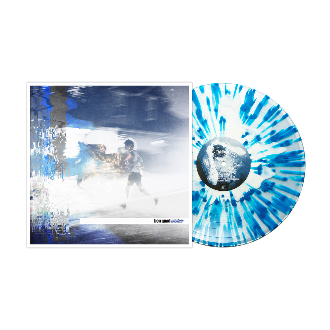 A blue and white splatter vinyl record from Ben Quad is displayed next to its album cover, which shows a blurred figure running with blue and white glitch effects. The album is titled Dissolver.