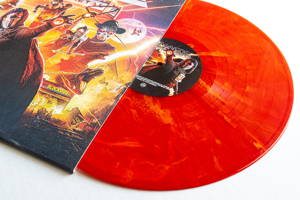 A vibrant Cinemetal Eruption Marble Vinyl from Galactic Empire partially slides out of its illustrated sleeve, showcasing masked figures and neon-lit, retro-futuristic art—a must-have limited edition for soundtrack album collectors.