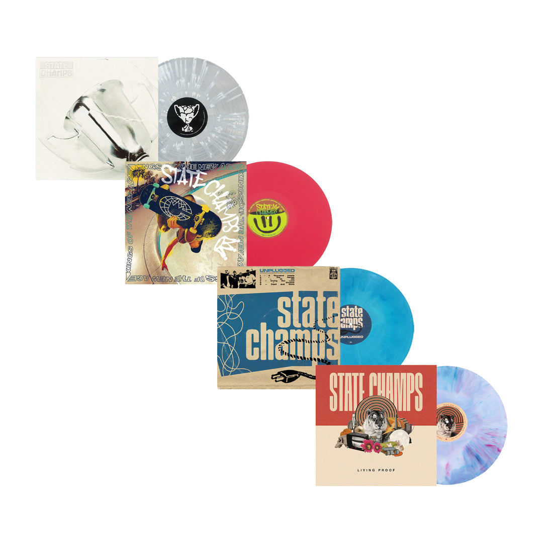 Five State Champs vinyl records, featuring limited edition clear, red, blue, and marbled patterns, are displayed with their album covers in a diagonal arrangement on a white background.