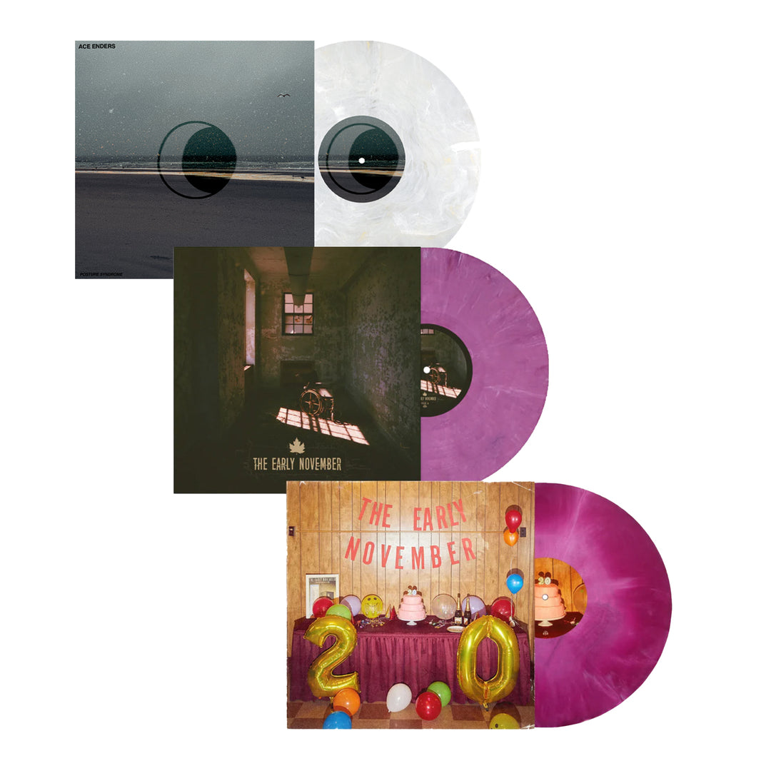 Three Ace Enders Eco Mix Vinyl records with unique colored patterns are displayed with album covers: a hazy beach scene, a dimly lit room, and The Early November’s 20th anniversary party with balloons and cake.