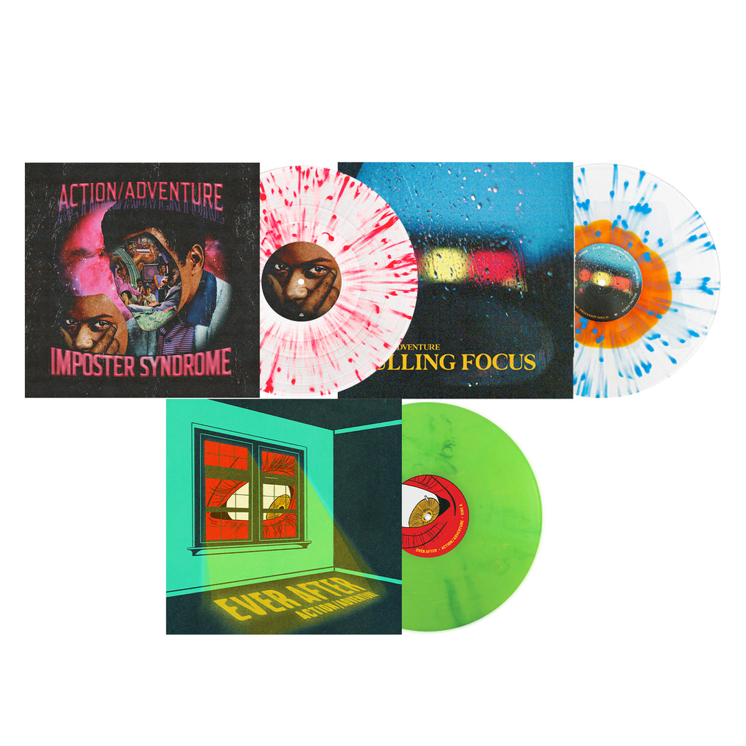 Three Action/Adventure vinyl records—Imposter Syndrome (pink splatter), Pulling Focus (blue/orange splatter), and Ever Changing (sundrop marble)—feature vibrant covers and unique designs, making this collection a standout display.