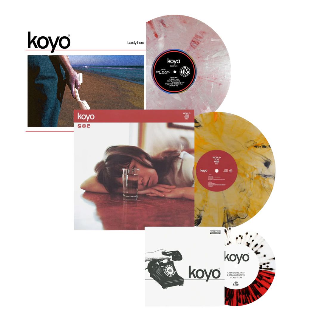 Three KOYO vinyl records with vibrant, unique designs and album covers are displayed. The covers feature a beach scene, a woman by a glass of water, and an old telephone.