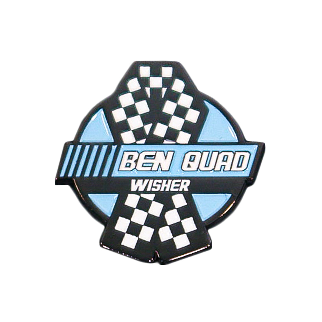 A circular pin featuring a blue and black design with two checkered flags, reading BEN QUAD WISHER in white text across the center.