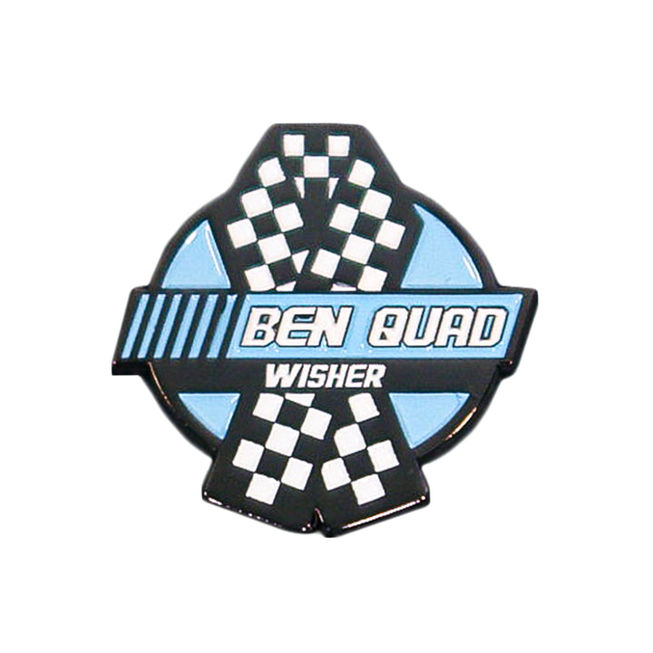 A circular pin featuring a blue and black design with two checkered flags, reading BEN QUAD WISHER in white text across the center.