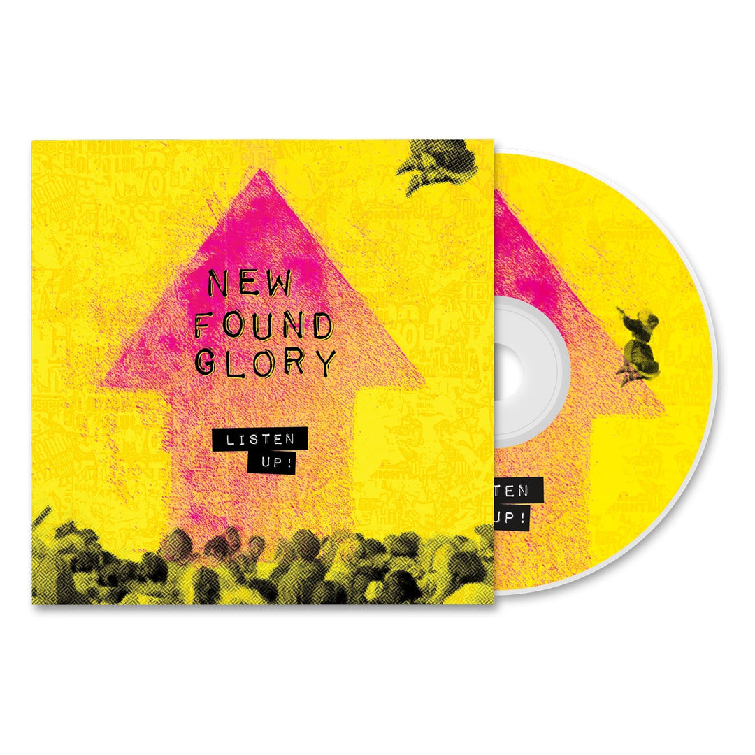 A vibrant yellow and pink Listen Up! CD from New Found Glory features a large pink arrow, scattered small objects, and a striking album cover—ideal for fans seeking an exclusive New Found Glory music bundle or presale.