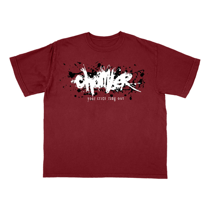 A Chamber Comfort Colors maroon shirt features a black paint splatter design with bold white graffiti-style "OMEN" text and smaller text below that reads "your cries ring out.
