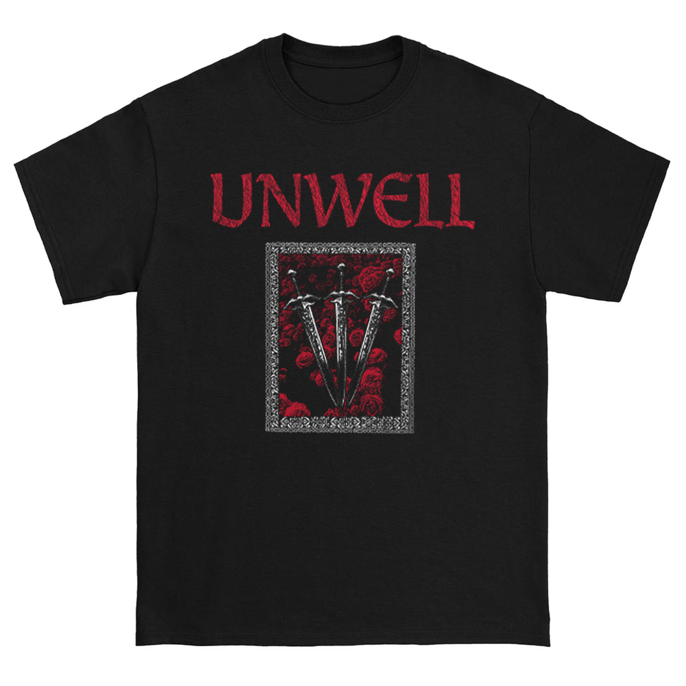 Unwell black Gildan t-shirt featuring UNWELL in red above three downward swords over red roses, all within a white decorative border. A bold printed shirt for any collection.
