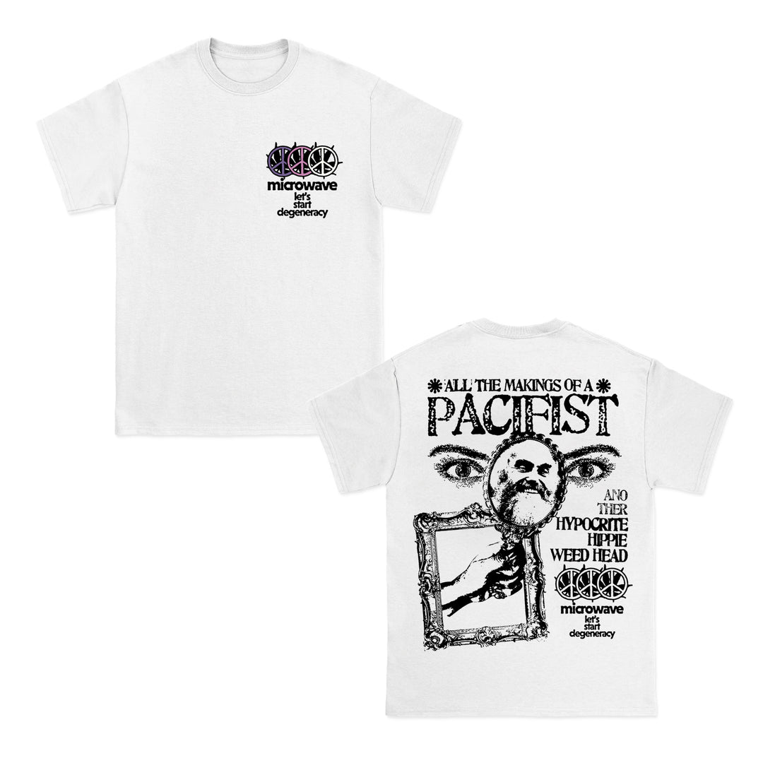 White Comfort Colors t-shirt by Microwave. Front: small "microwave hot degeneracy" logo. Back: large graphic with eyes, a man's face, ornate frame, and bold text.