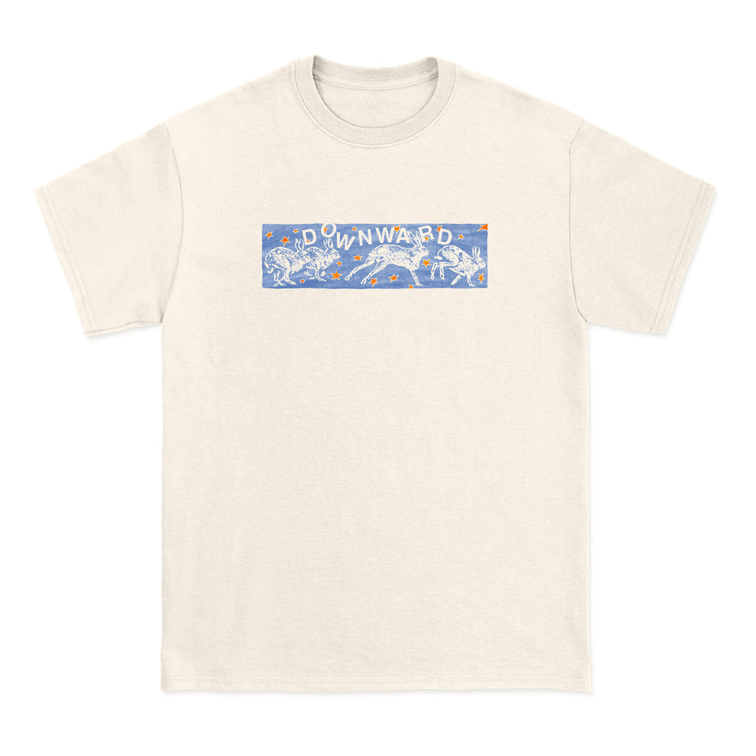 DOWNWARD beige Comfort Colors t-shirt featuring a rectangular blue graphic with playful white animal and nature illustrations and the brand name in bold.