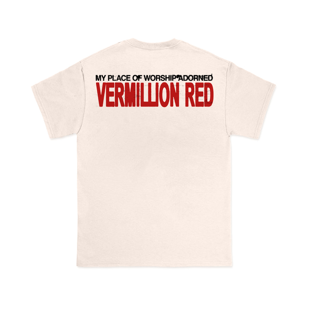 A cream-colored Heavensgate t-shirt features bold black and red text on the back: MY PLACE OF WORSHIP ADORNED VERMILLION RED, echoing ANGEL HYMNS.