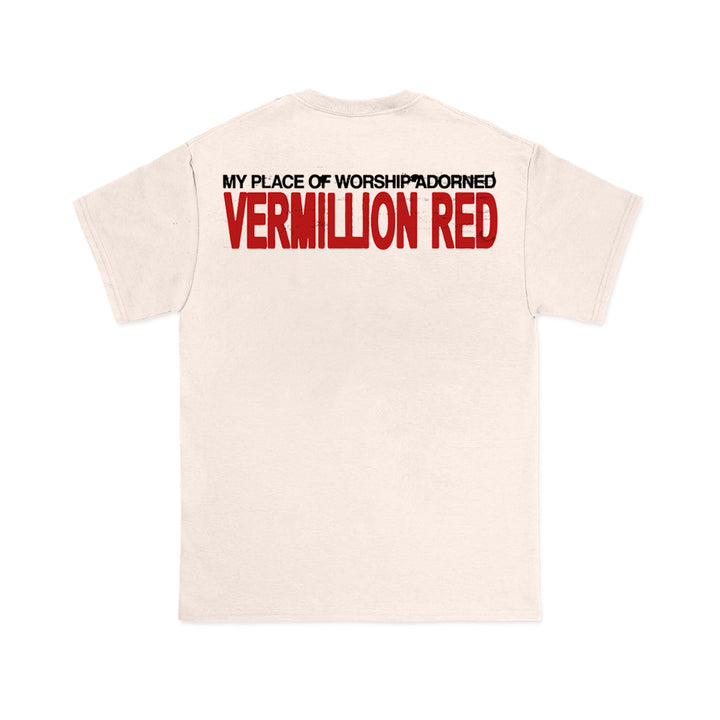 A cream-colored Heavensgate t-shirt features bold black and red text on the back: MY PLACE OF WORSHIP ADORNED VERMILLION RED, echoing ANGEL HYMNS.