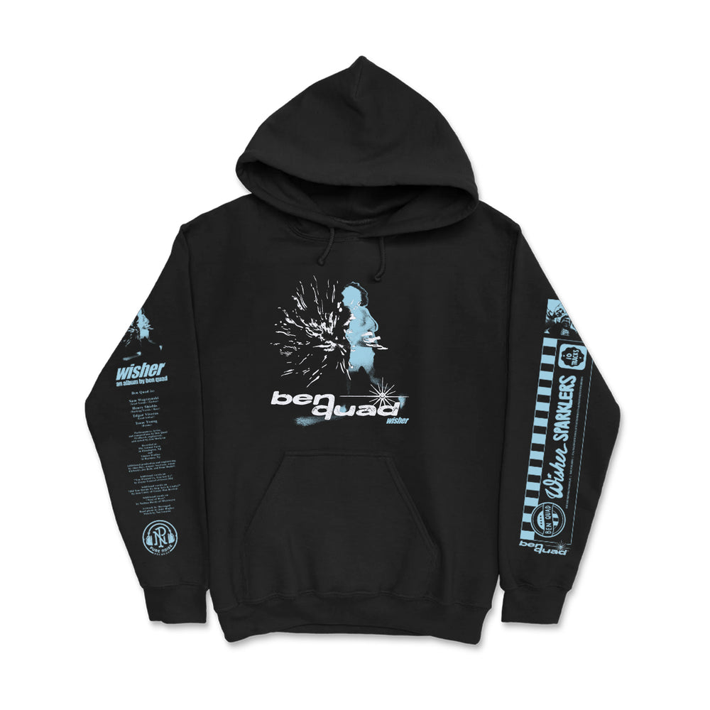 Ben Quad black hoodie featuring light blue graphics of a person’s silhouette, abstract splashes, and bequad text on the front. Blue and white graphics with text run down both sleeves and one side.