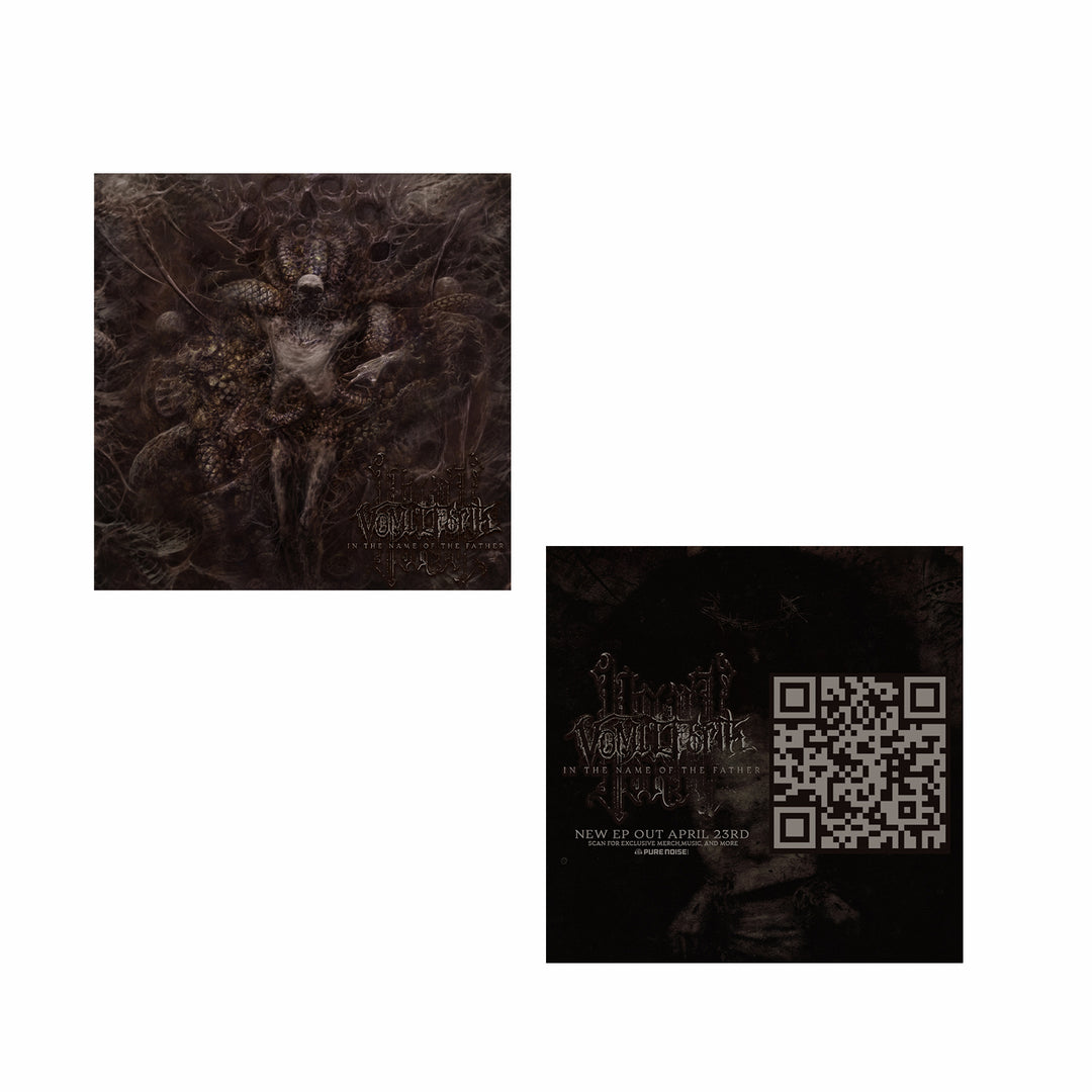 Two dark, gothic album covers: the left shows a demonic figure with skulls; the right displays bold text "IN THE NAME OF THE FATHER," a QR code, and release info for Vomit Forth's new EP out April 23rd.