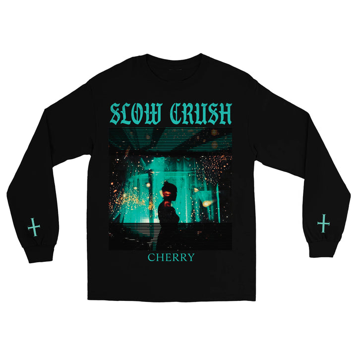Black Gildan long-sleeve T-shirt by Slow Crush featuring turquoise SLOW CRUSH text above a neon-lit woman, CHERRY text below, and turquoise crosses near each sleeve cuff.