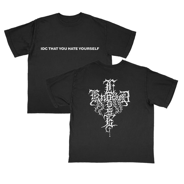 Black Knocked Loose t-shirt featuring "IDC THAT YOU HATE YOURSELF" in white on the front and a detailed cross graphic with ornate lettering on the back, printed on premium LA Apparel for comfort and style.
