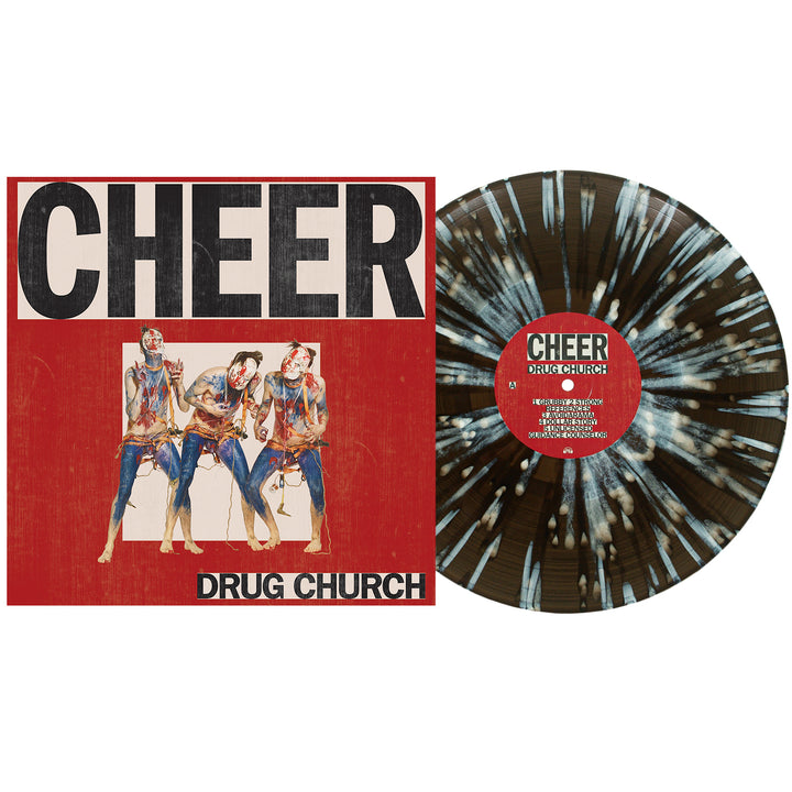 The image shows the CHEER album by Drug Church, with a red cover, dynamic figures, bold black and white text, and a limited edition Black Ice vinyl featuring striking white and blue splatter.