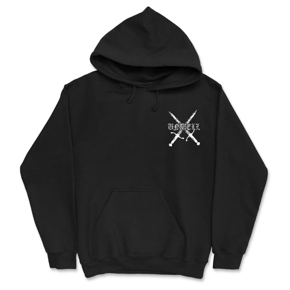 A plain black Unwell hoodie with a white graphic of two crossed swords and stylized text on the left chest, featuring a front pouch pocket and drawstrings.