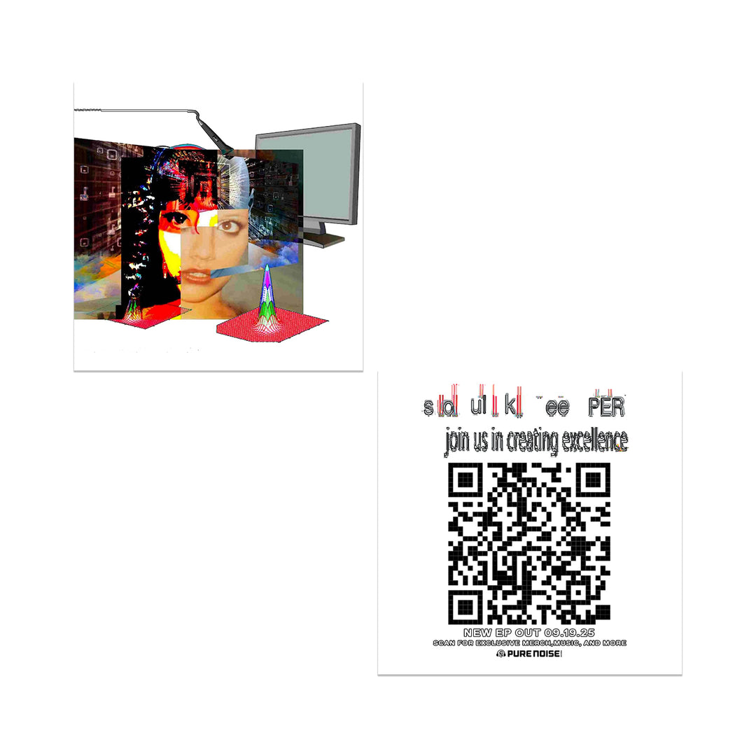 Collage featuring a computer, a vibrant 3D object with a womans face, and a QR code beneath the text “join us in creating excellence and PURE NOISE. PER.” for Soulkeeper, all on a clean white background.