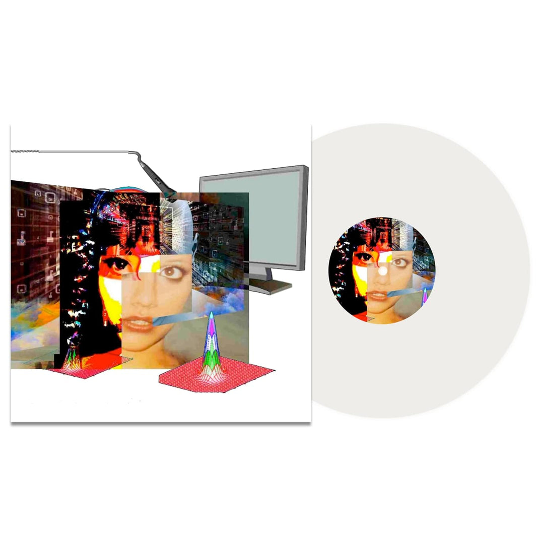 The Soulkeeper deluxe marble vinyl record and cover feature a collage of a womans face with digital graphics, a monitor, and colorful 3D shapes set against a futuristic abstract background.