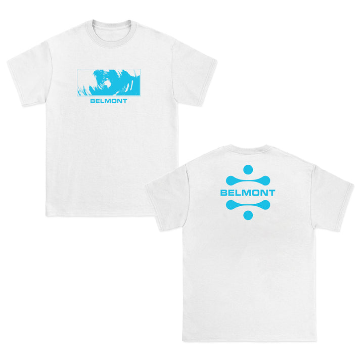 Belmont white t-shirt with blue graphics; front features an abstract design above Belmont, while the back has Belmont beneath three blue dots—ideal for Womens Fashion fans after a modern edge.