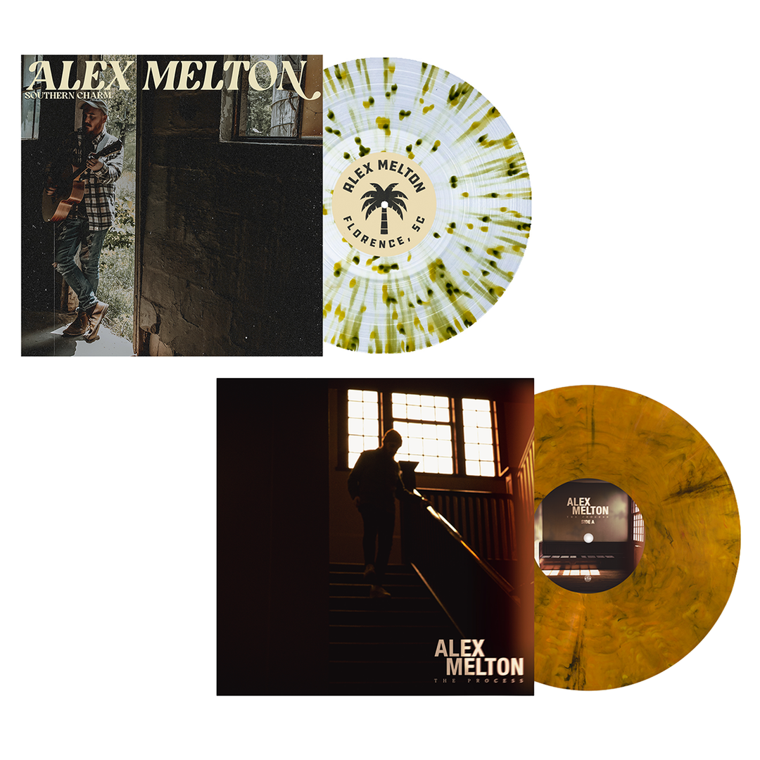 Two Alex Melton vinyl records are shown: the Southern Charm Splatter Vinyl LP features a guitarist by a window, while the Tigers Eye Marble Vinyl displays a silhouetted figure on a staircase on the cover.