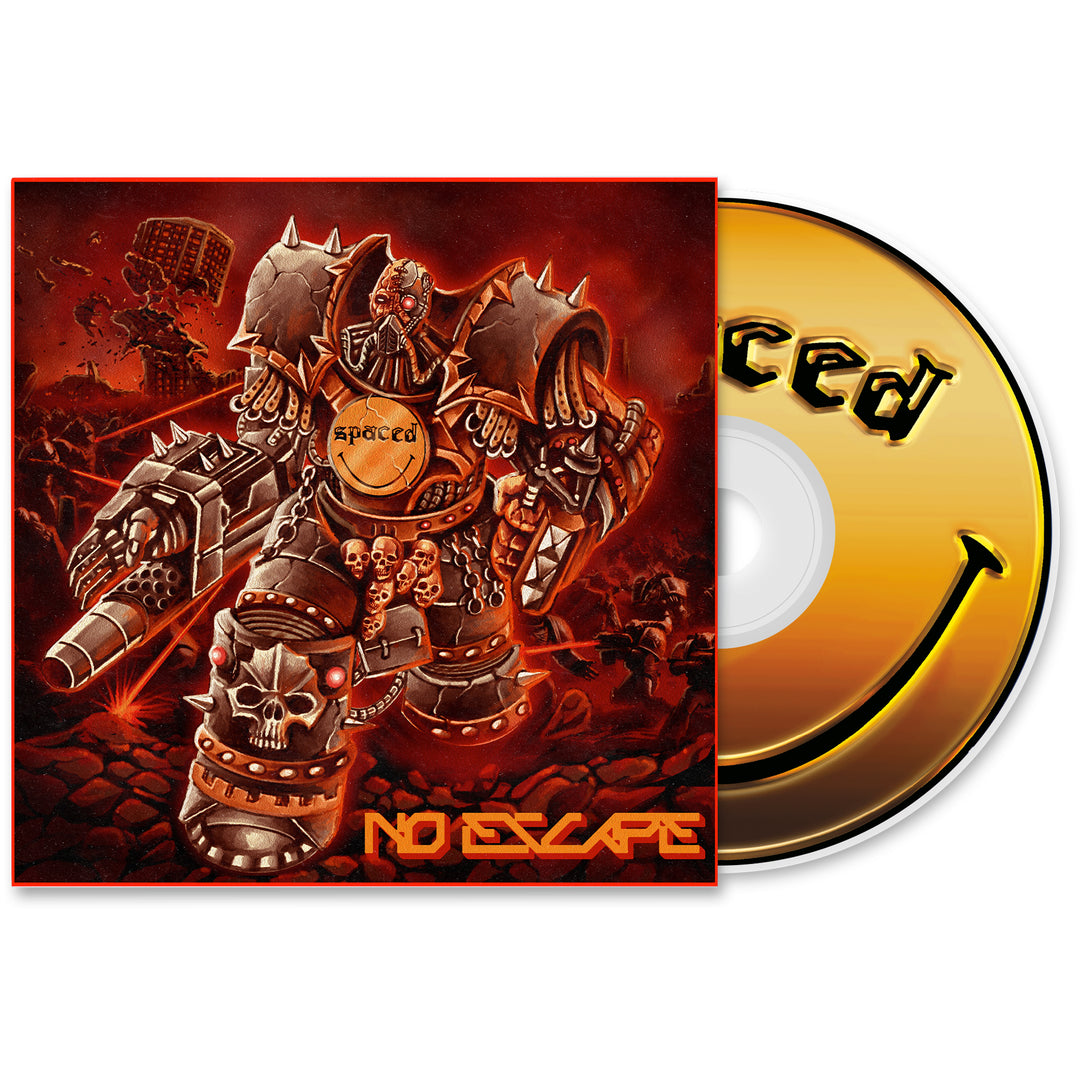 The Spaced No Escape CD cover shows a heavily armored, skull-adorned warrior with large weapons on a fiery battlefield. “No Escape” appears in bold orange below, with the CD partially visible on the right—ideal for presales.
