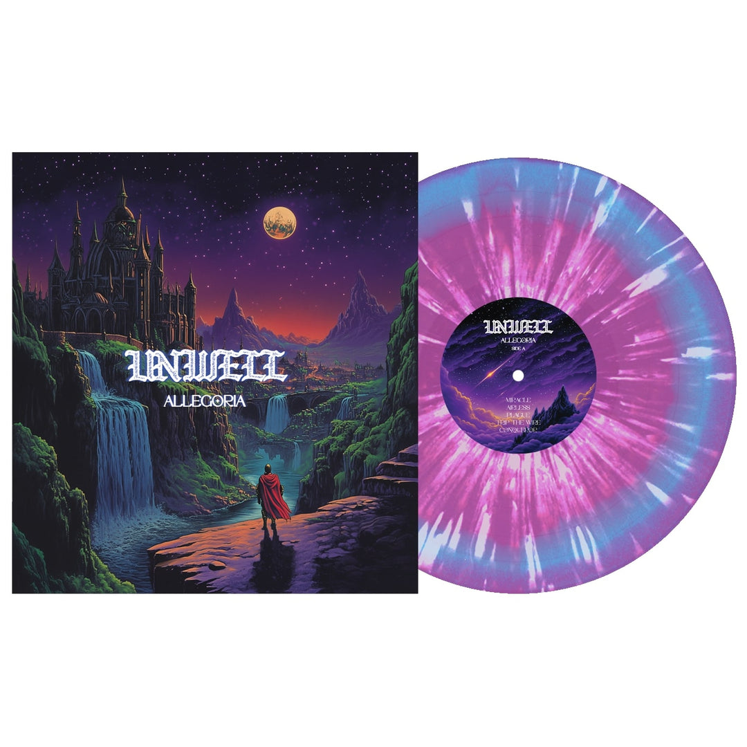 Unwells Allegoria LP features fantasy art with a castle, waterfall, and red-caped figure at sunset. The cover comes with a purple vinyl splattered with white and pink marbling.