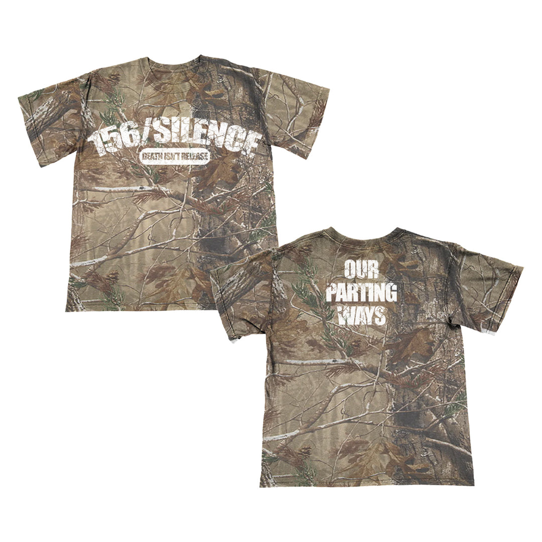 Two 156/Silence camo t-shirts with white print: front reads "156/SILENCE DEATH IS ONLY THE BEGINNING," back says "OUR PARTING WAYS." Features a leaf and branch camo pattern.