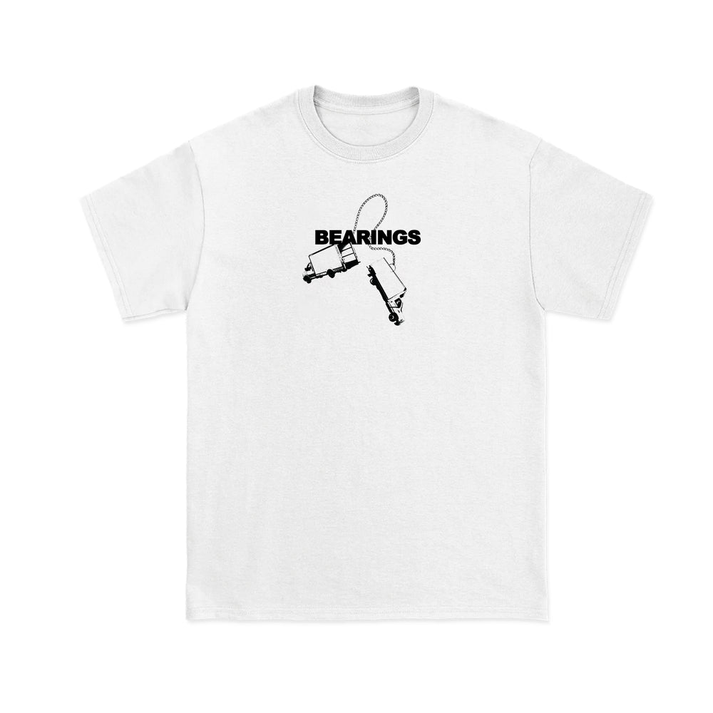 White Bearings T-shirt with a black graphic of two skateboard trucks, inspired by truck accessories, and the word BEARINGS in bold capitals above.