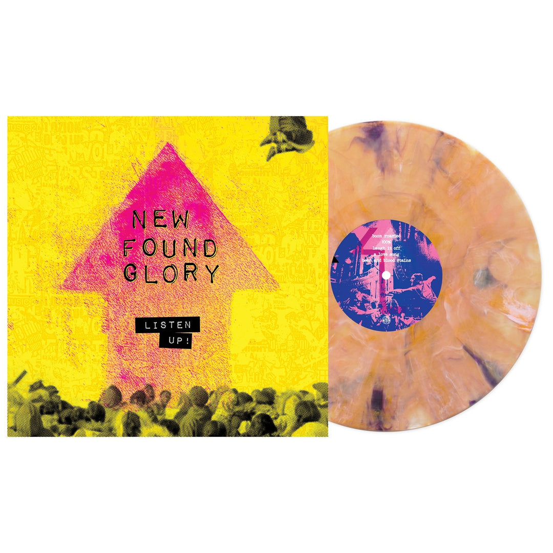 New Found Glory’s Tropical Sunset Deluxe Marble Vinyl features a vibrant marbled orange-and-yellow design next to its bold album cover with a pink arrow on yellow. Available now for presale—perfect for collectors and fans!.