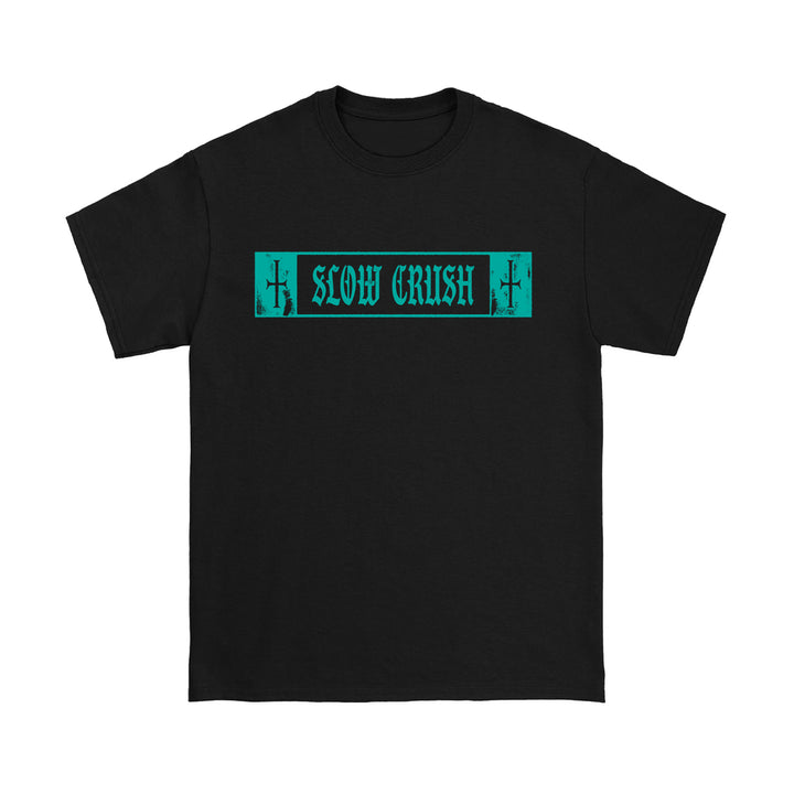 Slow Crush black t-shirt with a turquoise rectangular graphic reading SLOW CRUSH in gothic font, accented by two small crosses—an eye-catching addition to your collection.