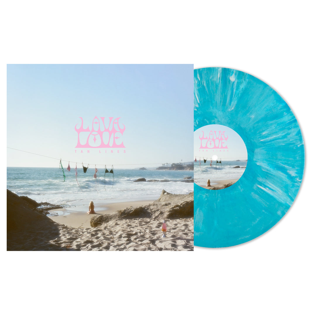 LAVALOVE’s Tidal Wave Marble LP and album cover for Tan Lines Lava Love showcase a beach scene with a child, drying clothes, and the pink title—an ideal addition to any LAVALOVE vinyl collection or album presale event.