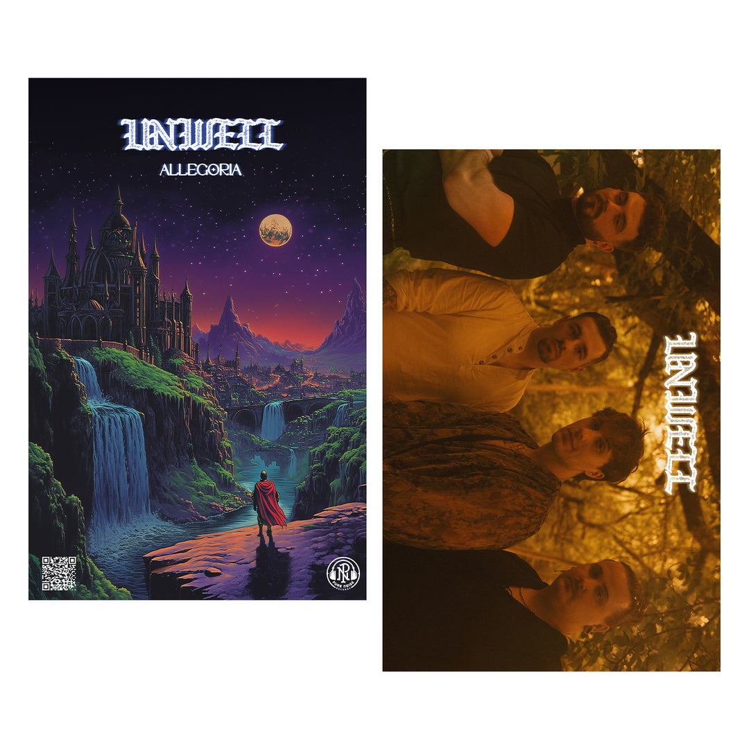 Side by side: a fantasy illustration of a castle, waterfall, and caped figure under a purple sky inspired by Allegoria; next to it, a photo of four people in warm light with “UNWELL,” the brand name, written vertically.