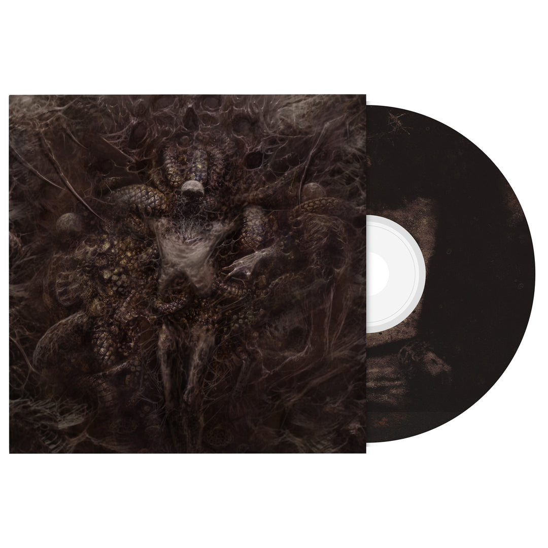 A dark, surreal album cover for Vomit Forth’s Born King features a textured, multi-limbed creature. The partially visible In the Name of the Father CD matches with abstract organic shapes in murky brown and black.