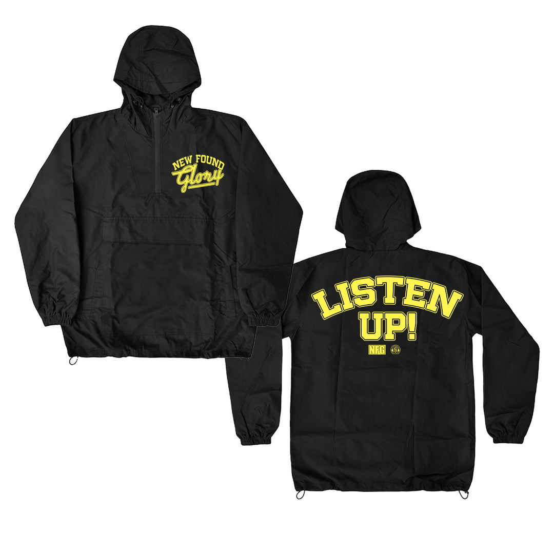 Black windbreaker pullover by New Found Glory featuring “New Found Glory” in yellow script on the front and bold yellow “LISTEN UP!” with a small NHF logo on the back.