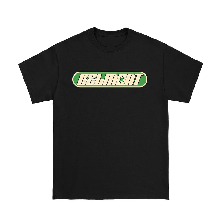Black T-shirt from Belmont featuring bold cream BELMONT lettering with a star inside a rounded green rectangle across the chest.