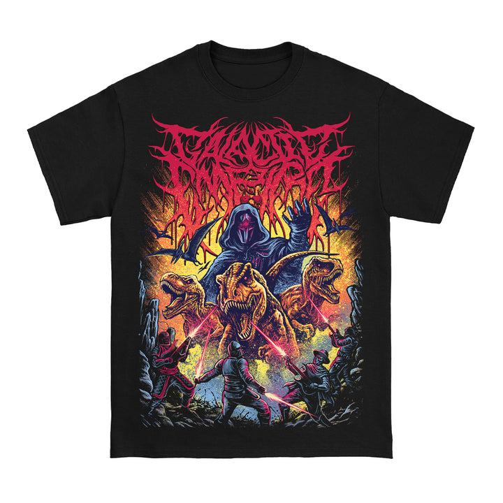 A Galactic Empire black T-shirt with a vivid hooded figure above roaring dinosaurs and battling warriors, set against intense flames and rocks, topped by a red jagged band logo.