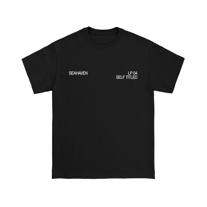 Seahaven black cotton t-shirt with white front text: "SEAHAVEN" on the left chest and "LP 04 SELF TITLED" on the right chest. Minimalistic style, perfect staple for any casual wardrobe.