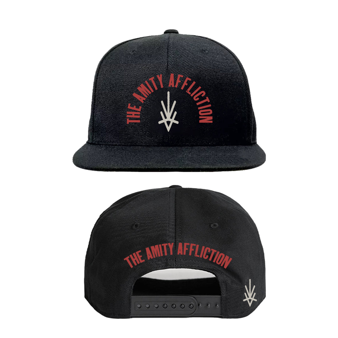 Front and back views of The Amity Affliction Rune Black Snapback show red "THE AMITY AFFLICTION" text and a white logo on the front, red text on the back, plus a side logo near the adjustable strap.
