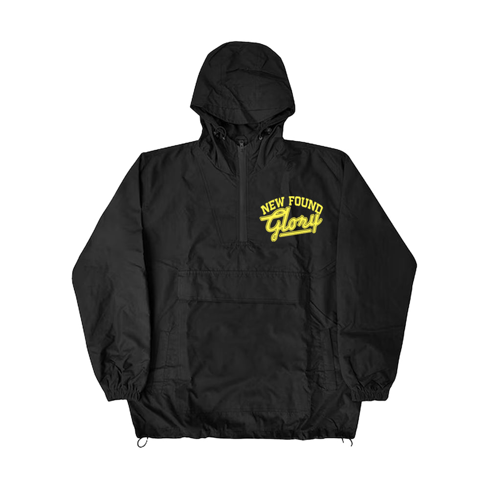 A black New Found Glory windbreaker pullover features bold yellow script on the left chest, a zipper, front pocket, and elastic cuffs—perfect for any Listen Up moment.