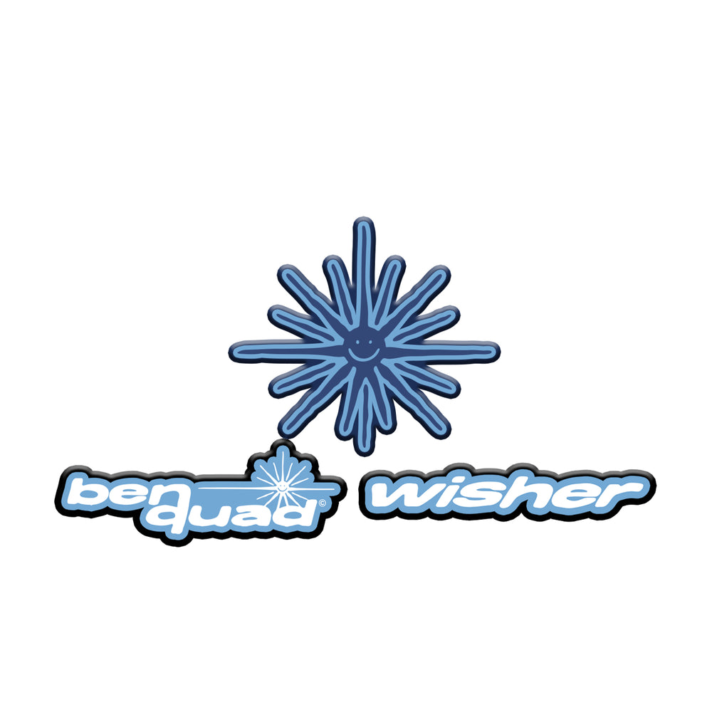 A blue, smiling starburst logo sits above the brand name “Ben Quad Wisher” in rounded white and blue text, with a small Croc charm-like starburst over the q to enhance Ben Quads whimsical appeal.