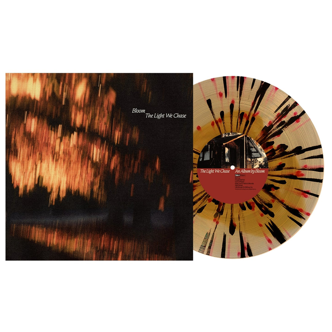 Bloom The Light We Chase vinyl features a cream, red, and black splatter design next to its cover with glowing orange lights on water. For Bloom fans, this is the perfect addition as you anticipate the album’s presale.