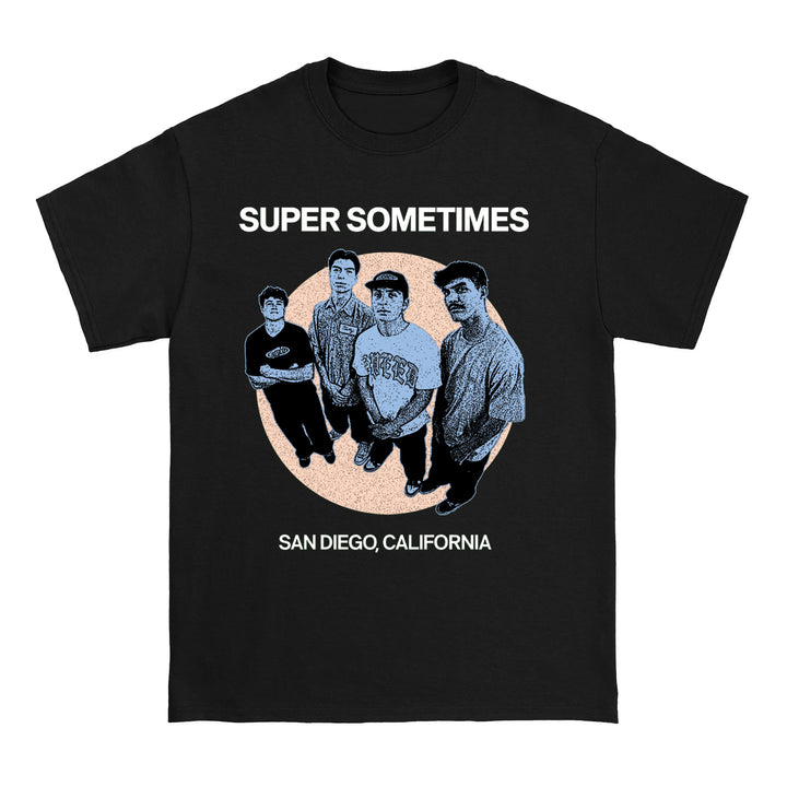 Black promo t-shirt by Super Sometimes featuring an illustration of four men standing together with SUPER SOMETIMES above and SAN DIEGO, CALIFORNIA below.