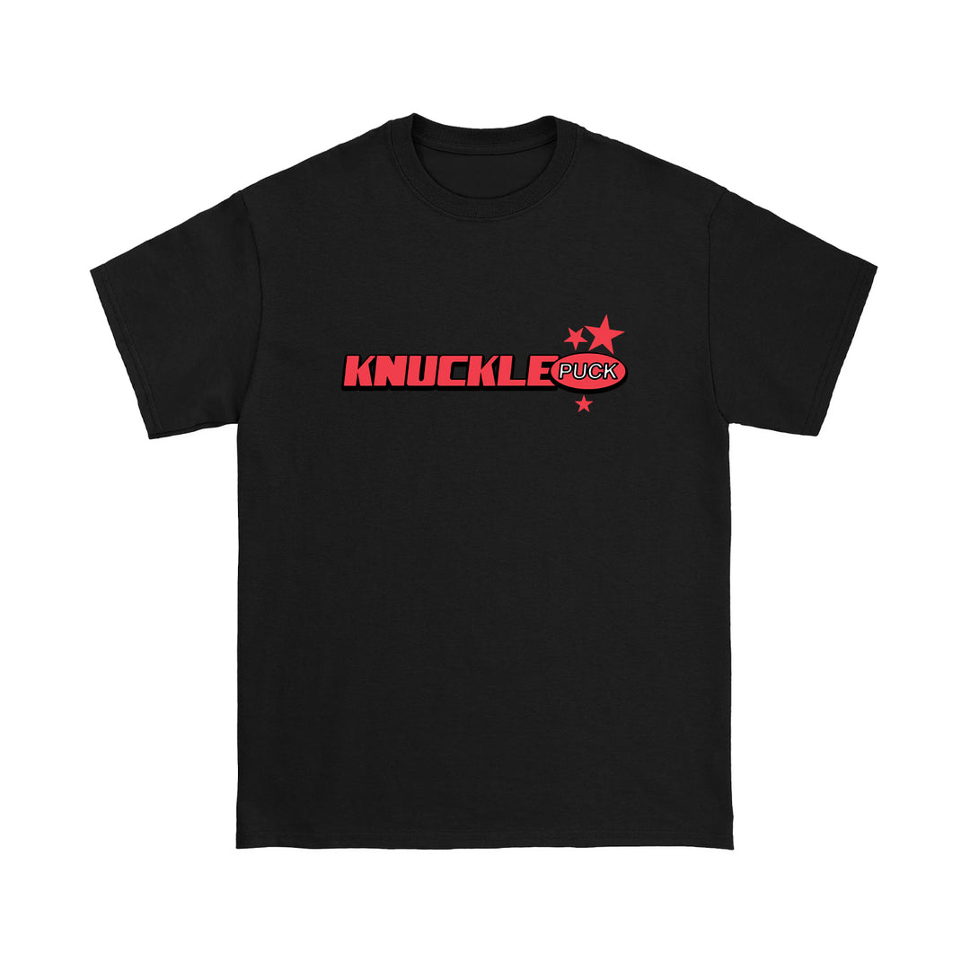 Black Knuckle Puck t-shirt featuring bold red and white KNUCKLE PUCK text and a star logo design with two red stars above and beside PUCK on the front.