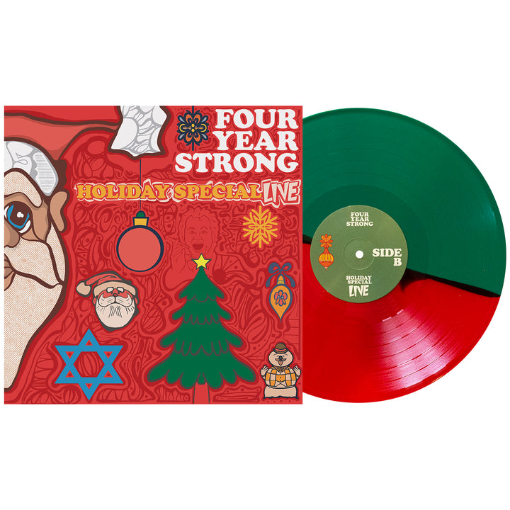 Four Year Strong Holiday Special album—album cover and live half-red/half-green vinyl, featuring festive icons (Christmas tree, Santa, menorah, dreidel, Star of David) on a vivid red backdrop.